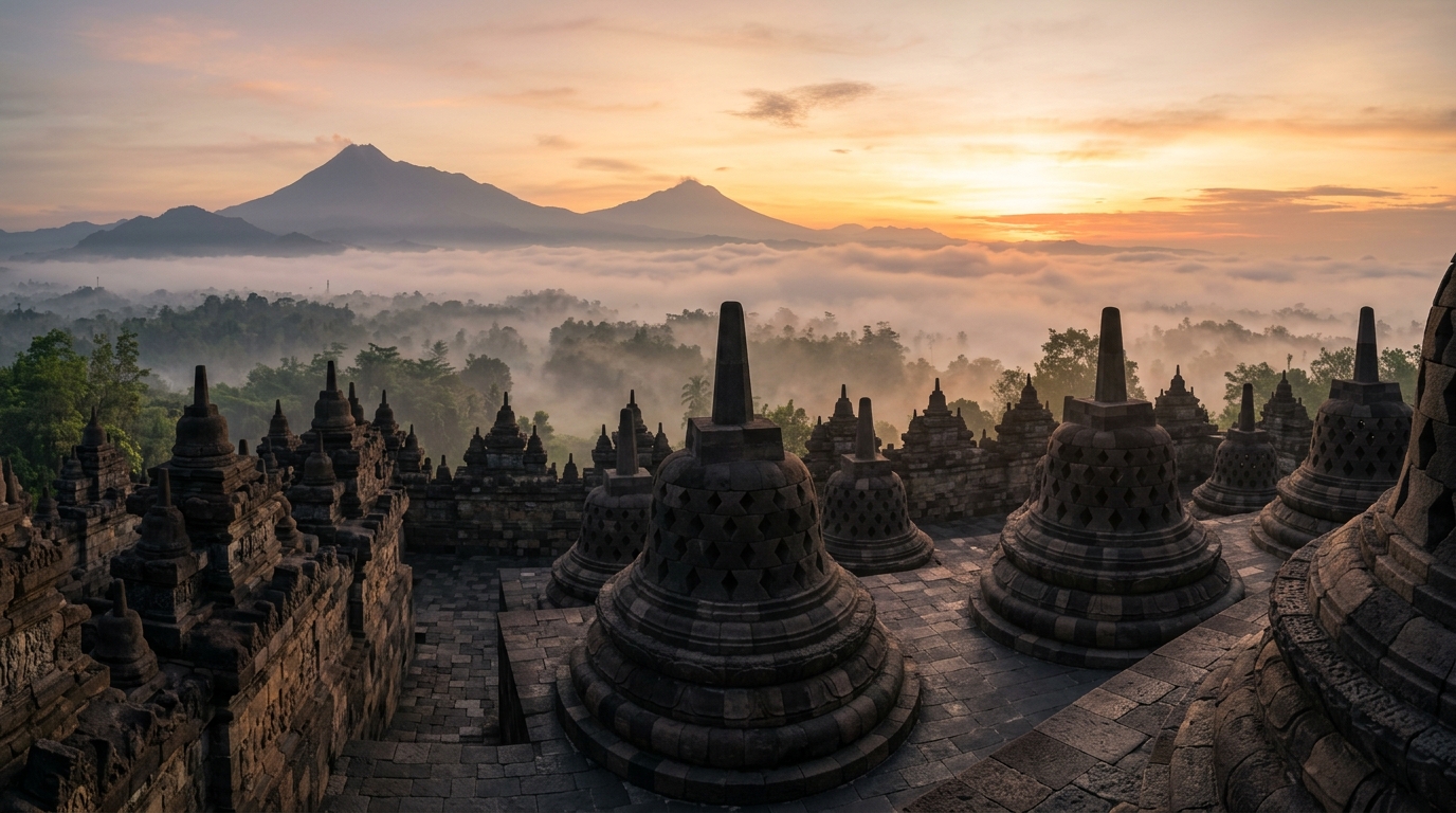 Mahakarya Stupa Candi Borobudur saat Fajar